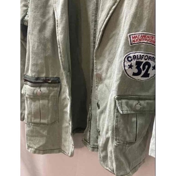 Vici Jacket Blazer M Green Military Aviator Patches Oversized Raw Edges Open - Picture 7 of 11